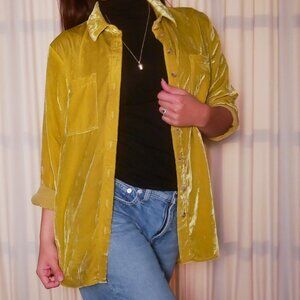 Velvet Button-Up Shirt in Mustard Yellow